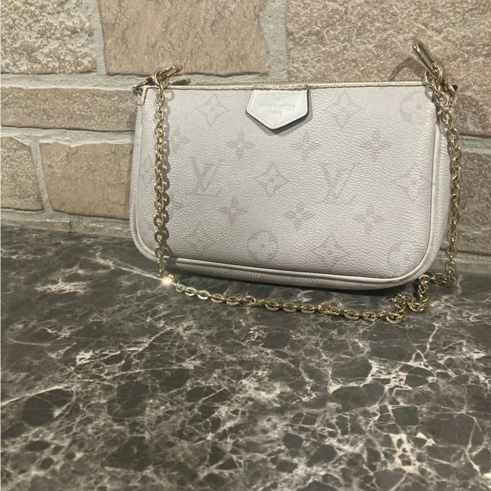 Louis Vuitton Gray Clutch with Gold Chain